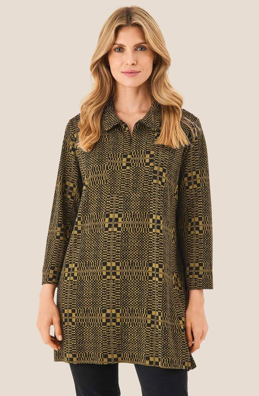 Masai Tunic Women's Medium MaGally Jersey Plantation Print Black Lagenlook Zip